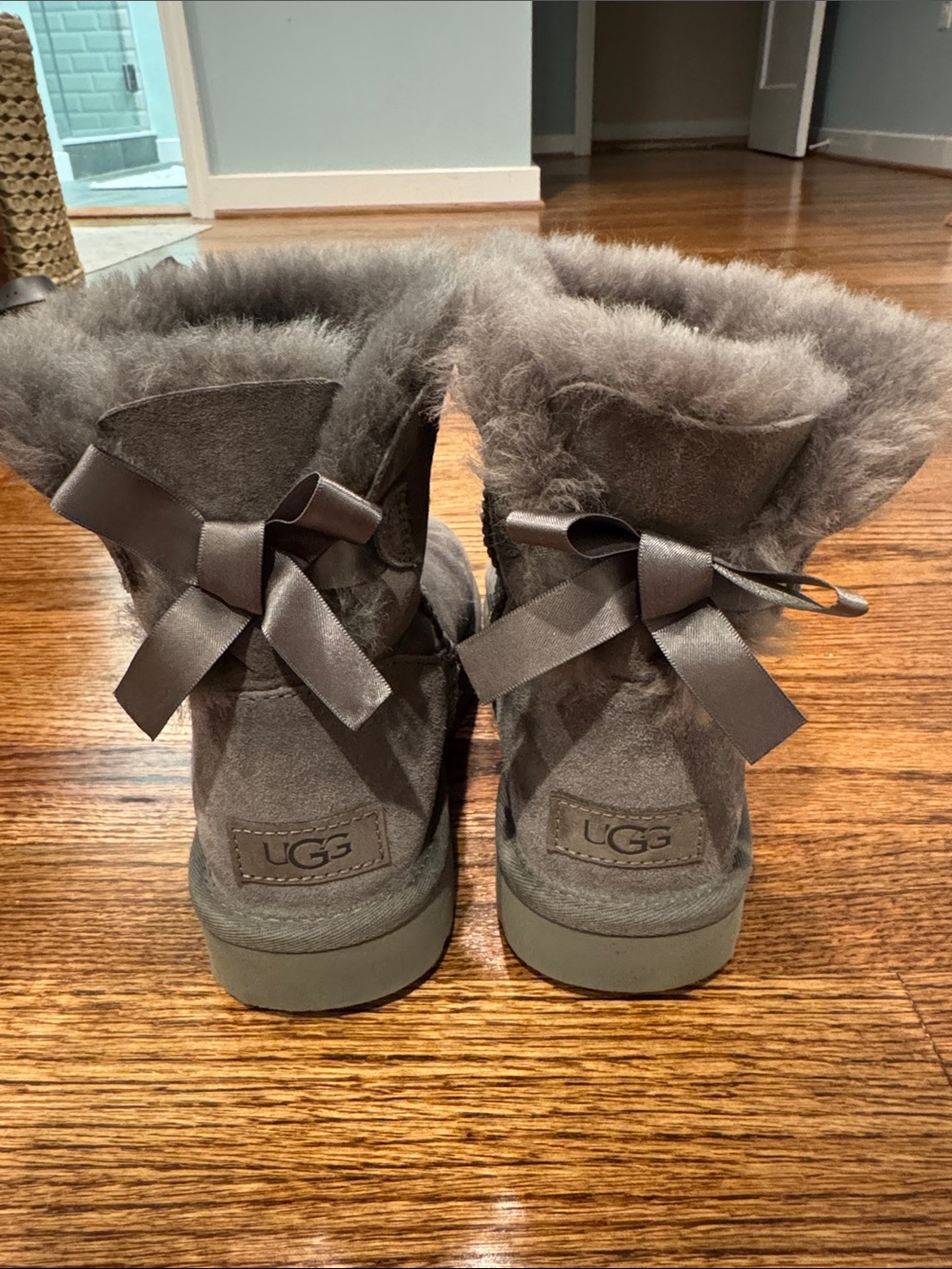 UGG Women's Gray Suede Short Boots with Shearling & Bow Detail